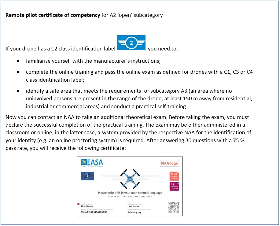 training requirements for category a2 open drone use easa drone regulations european union drone rules